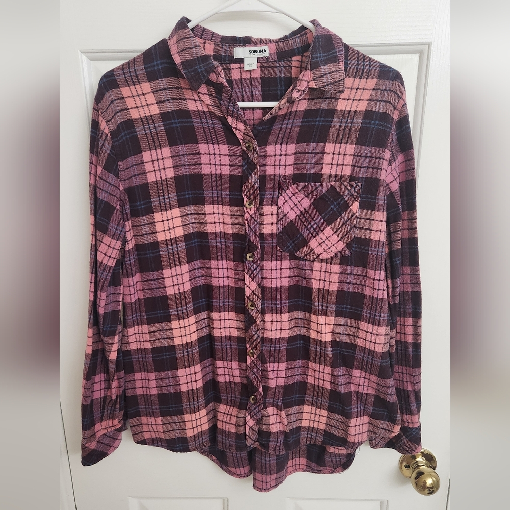 Sonoma Pink and Purple Plaid Flannel Button-Down